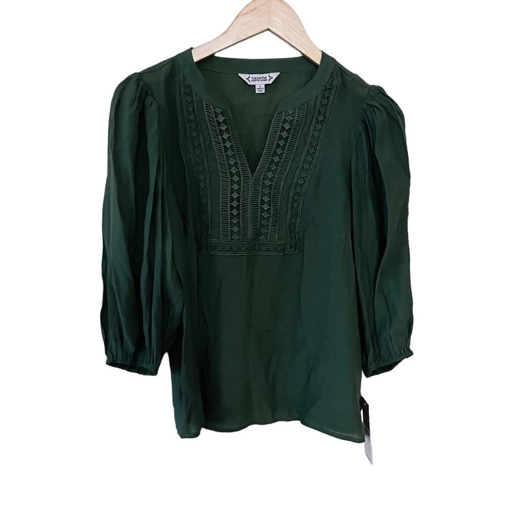 Nanette Lepore Crochet Detail Split Neck Top Size Small NWT Martini Olive Green - Picture 7 of 10